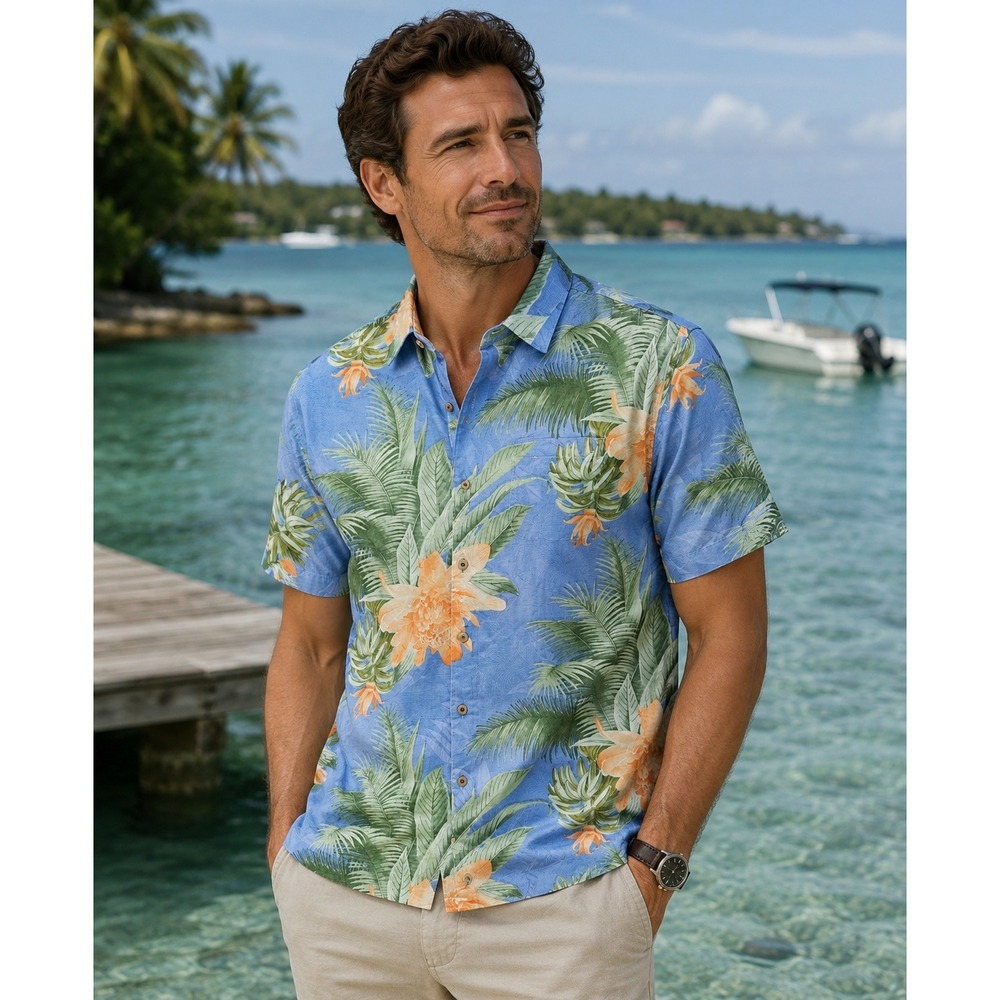 Tommy Bahama Shirt Mens XXL Blue Silk Tropical‎ Floral Hawaiian Short Sleeve